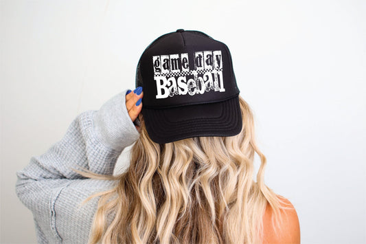 Game Day Baseball DTF Printed Black Trucker Hat