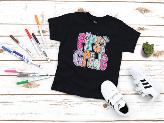 Girls Doodle 1st Grade Back to School Graphic Tee
