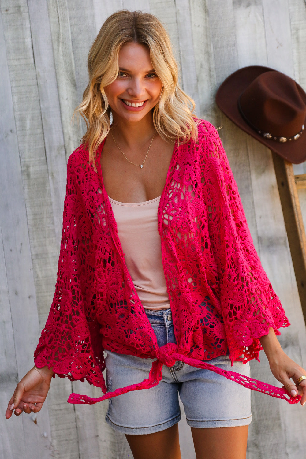 Beautiful You Fuchsia Crochet Front Tie Bell Sleeve Cardigan