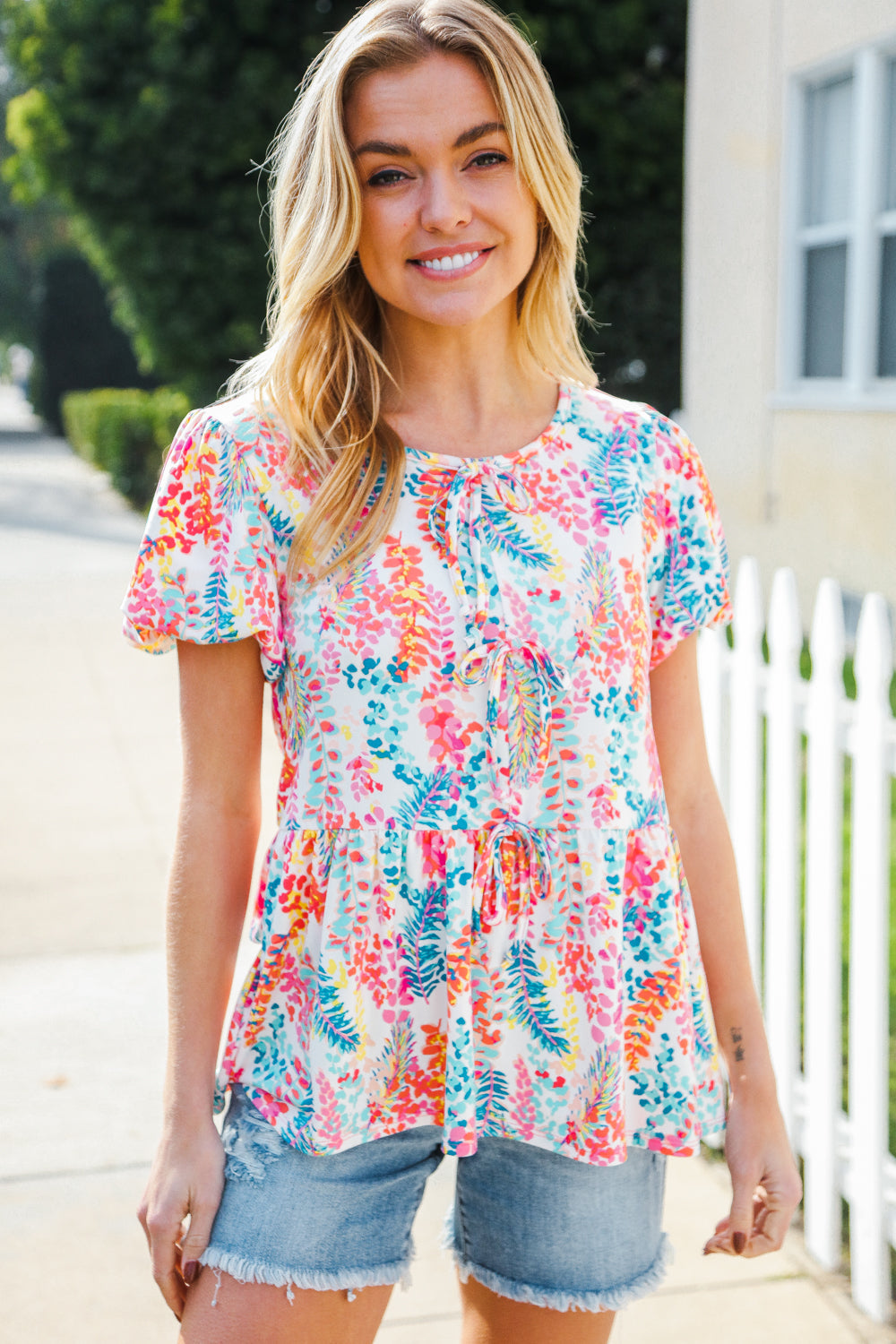 Perfect Find Ivory Floral Leaf Print Short Sleeve Babydoll Top