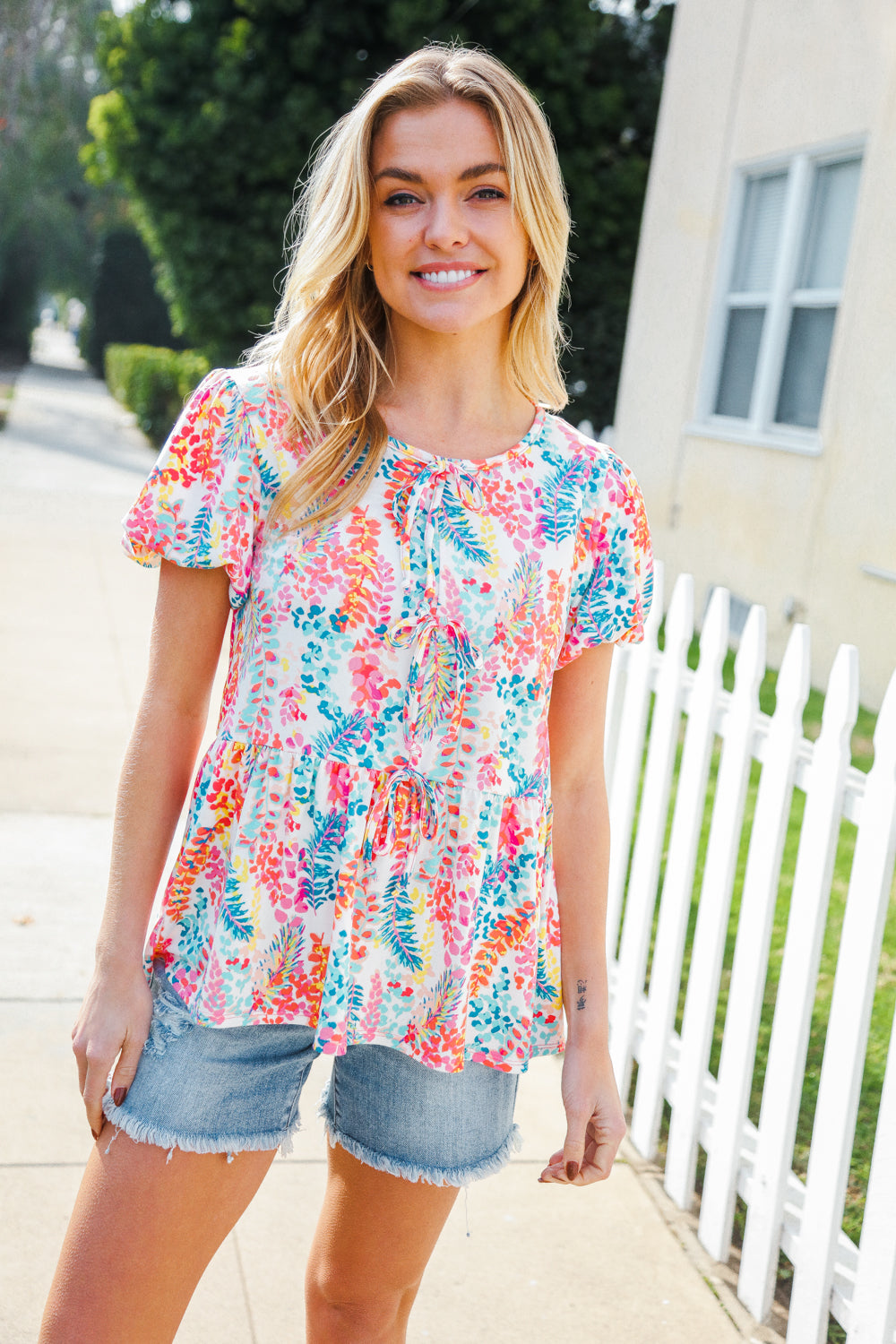 Perfect Find Ivory Floral Leaf Print Short Sleeve Babydoll Top