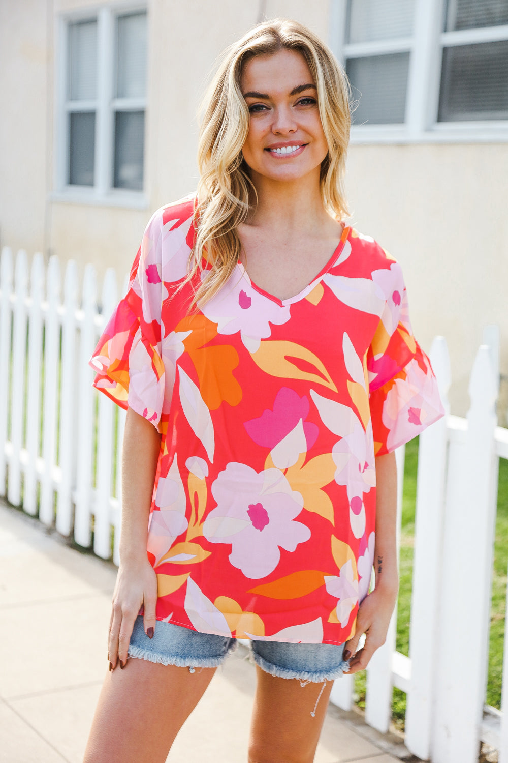 Tropical Vibes Peach Floral Dolman Ruffle Frill Sleeve Blouse