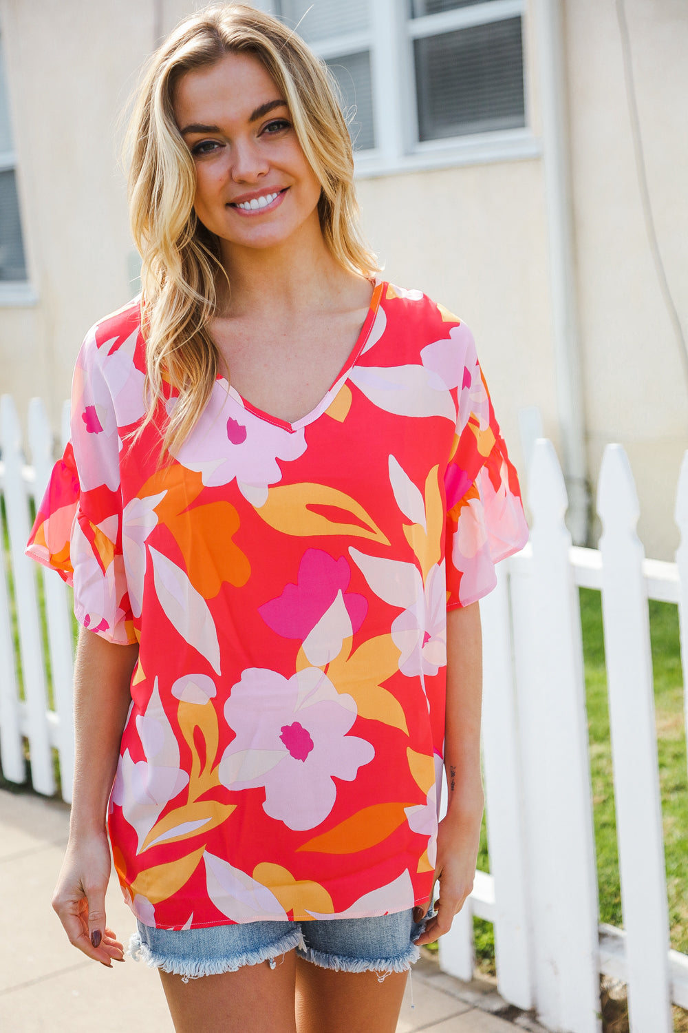 Tropical Vibes Peach Floral Dolman Ruffle Frill Sleeve Blouse