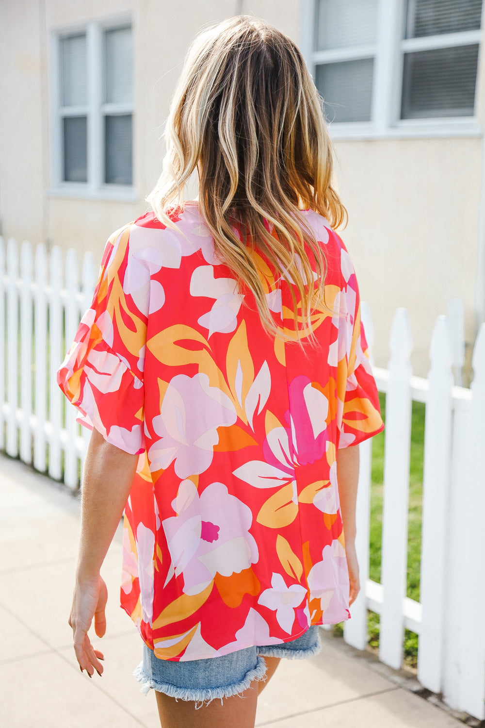 Tropical Vibes Peach Floral Dolman Ruffle Frill Sleeve Blouse