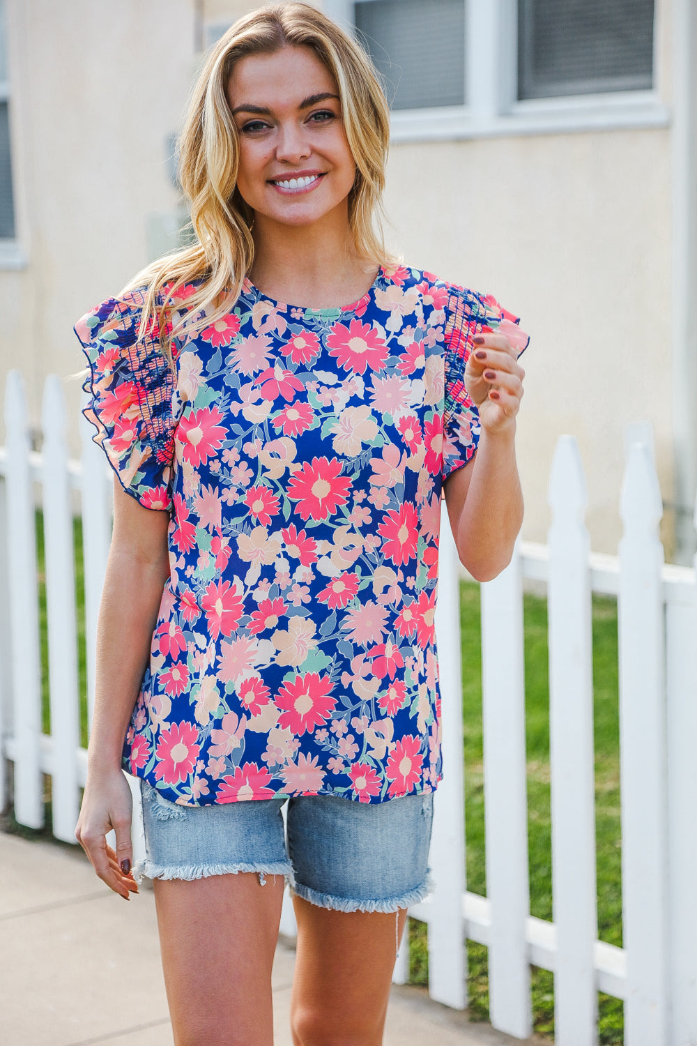 Vacay Ready Blue & Fuchsia Floral Smocked Ruffle Sleeve Top