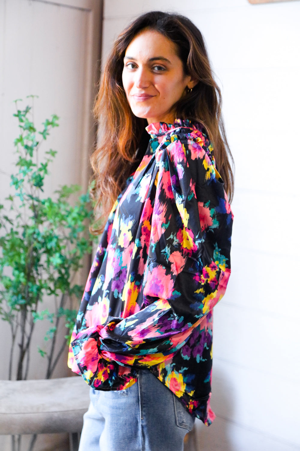 Bold and Blooming Bubble Sleeve Woven Blouse
