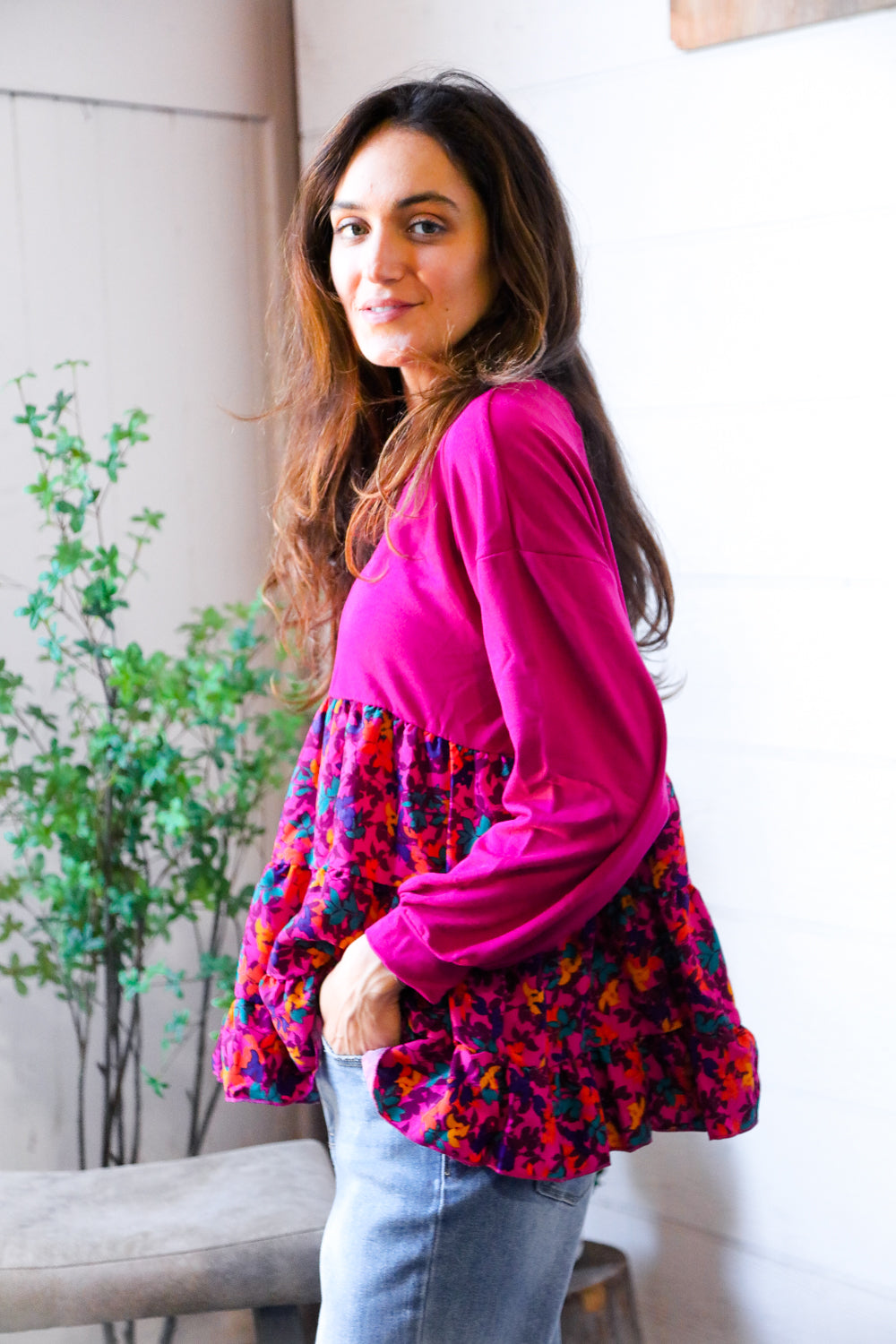 Fuchsia Fizz Drop Shoulder Babydoll Blouse