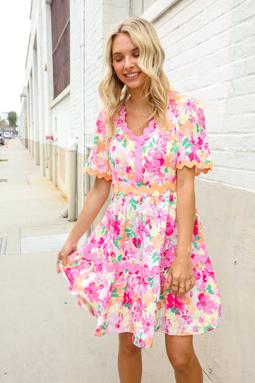 Beautiful You Rose Floral Print Ric Rack Trim Babydoll Dress