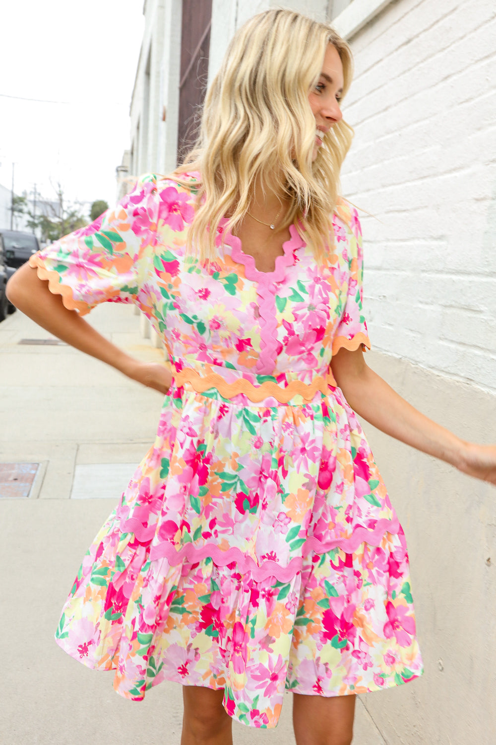 Beautiful You Rose Floral Print Ric Rack Trim Babydoll Dress