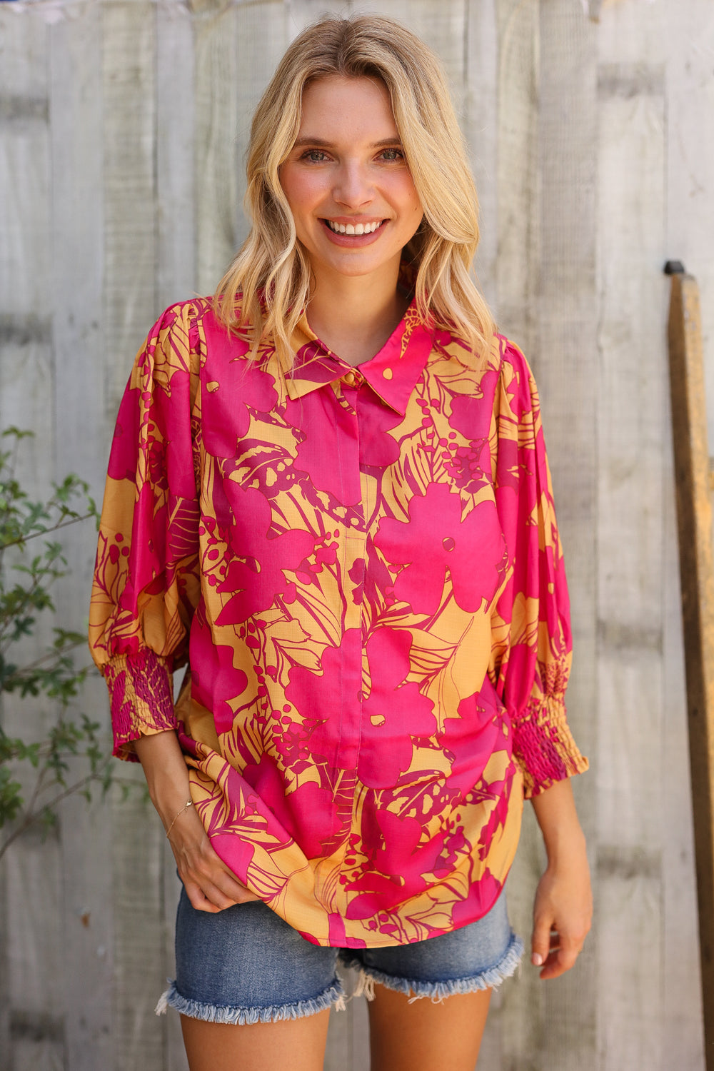 Elegant In Fuchsia Satin Button-Down Smock Long Sleeve Blouse