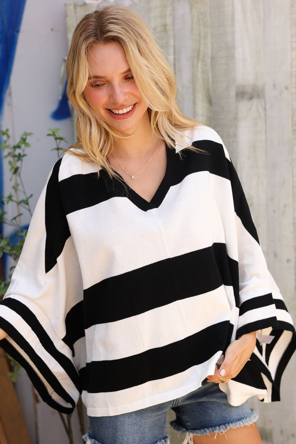 The Traveler Black/White Stripe Dolman Notch Neck Sweater Poncho