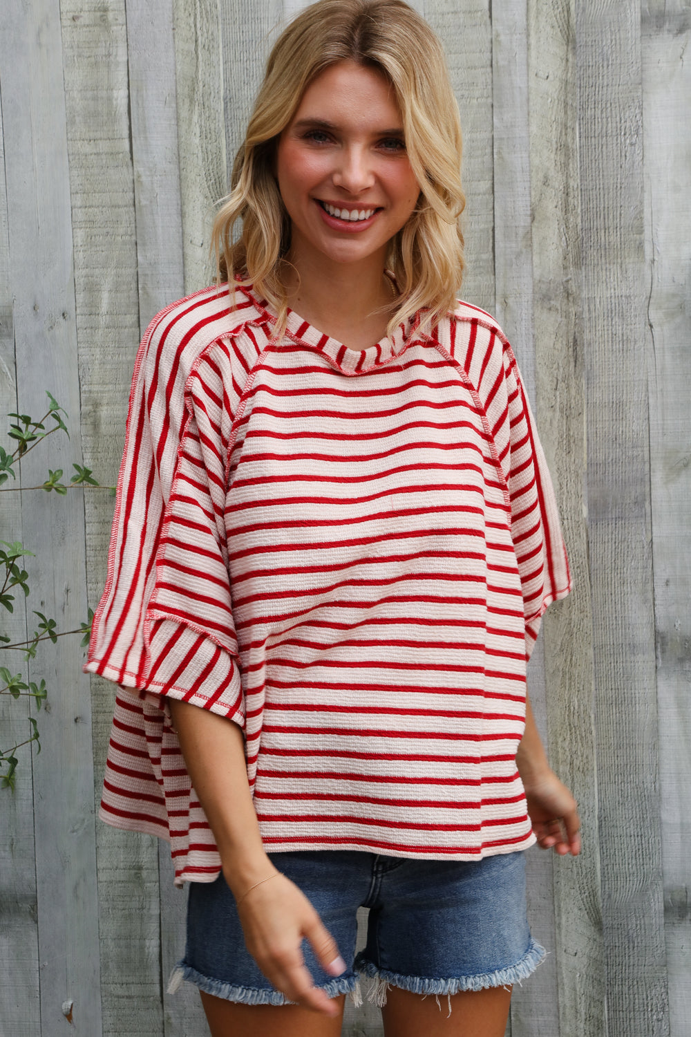 Casual Chic Cotton Red & Cream Stripe Raglan 3/4 Sleeve Pullover