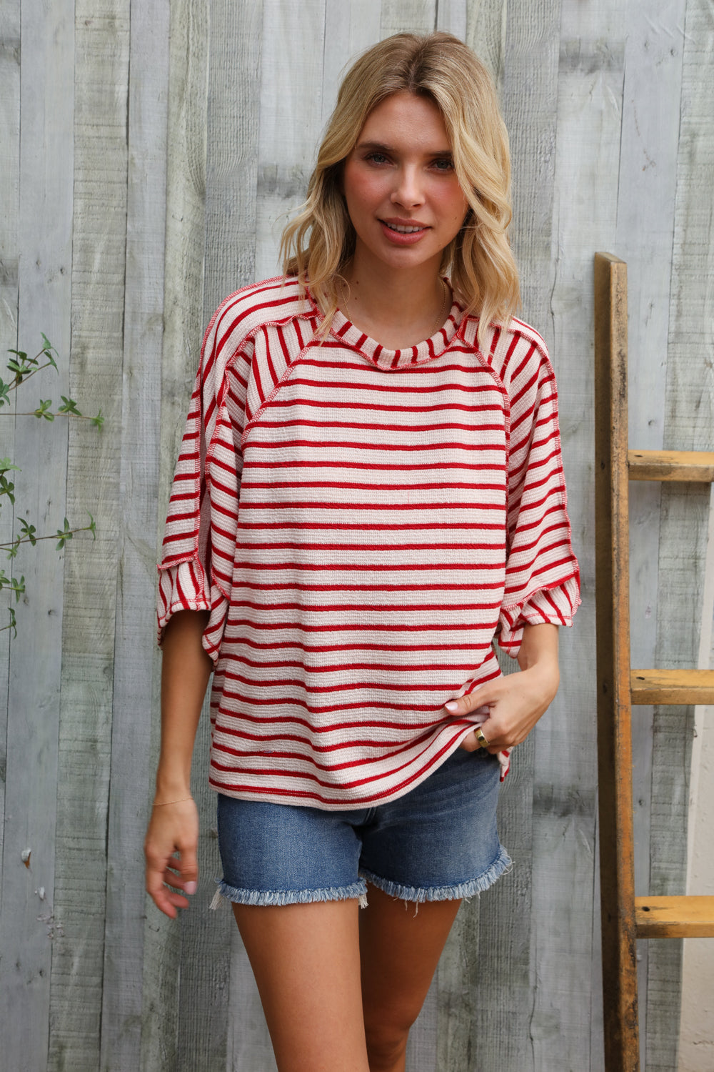 Casual Chic Cotton Red & Cream Stripe Raglan 3/4 Sleeve Pullover