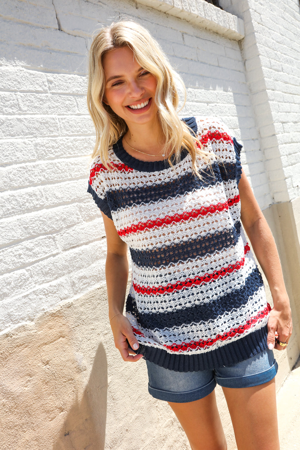 Feeling Festive Red White & Blue Striped Crochet Sweater Top