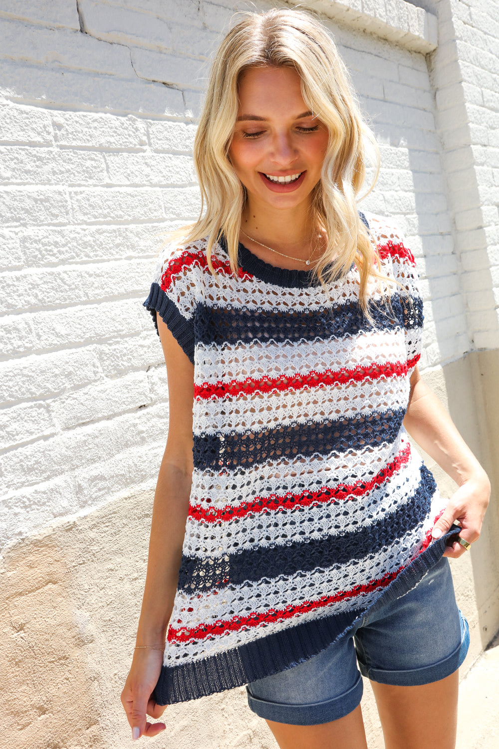 Feeling Festive Red White & Blue Striped Crochet Sweater Top