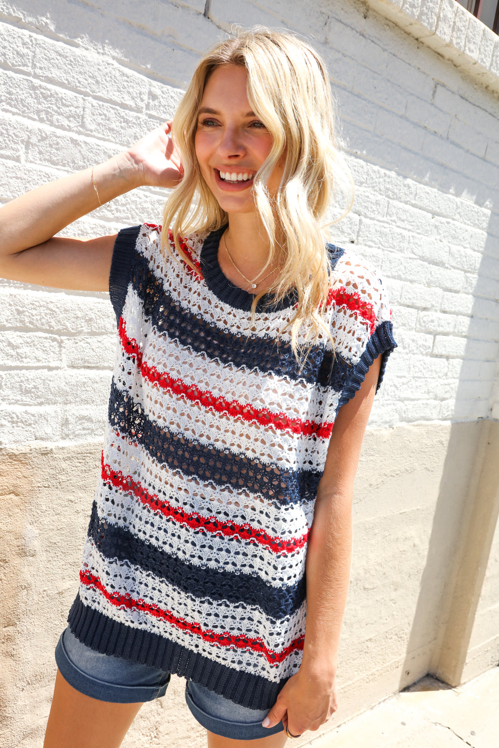 Feeling Festive Red White & Blue Striped Crochet Sweater Top