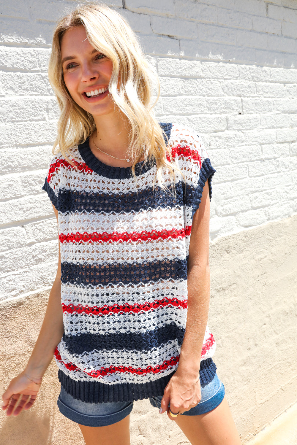 Feeling Festive Red White & Blue Striped Crochet Sweater Top