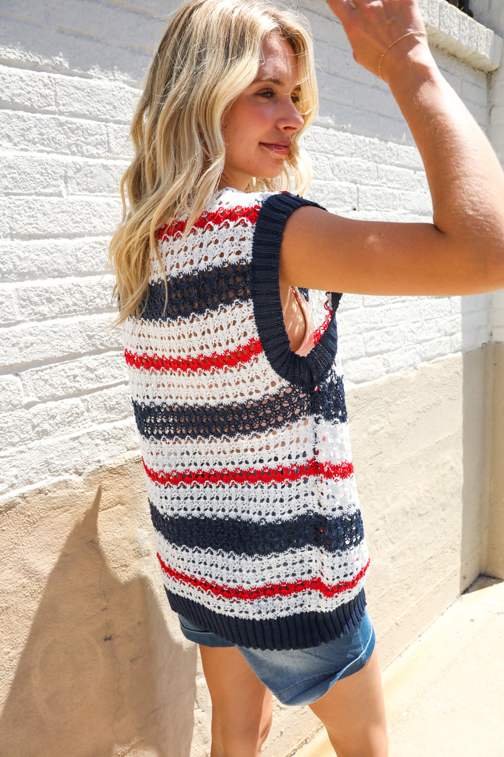 Feeling Festive Red White & Blue Striped Crochet Sweater Top