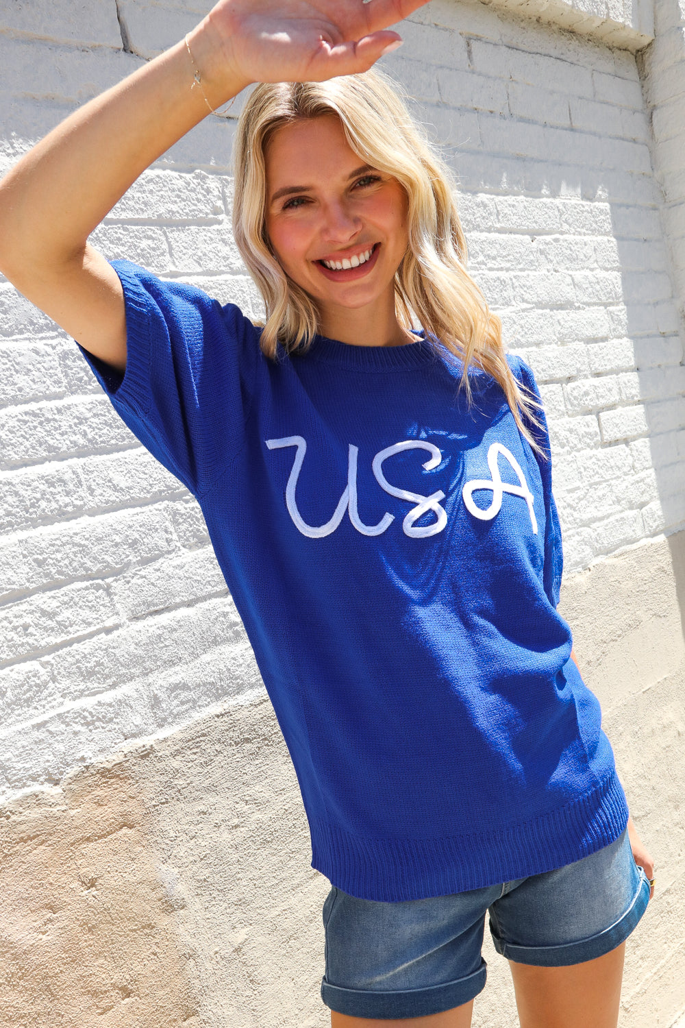 Patriotic USA Blue Knit Embroidery Puff Sleeve Sweater Top