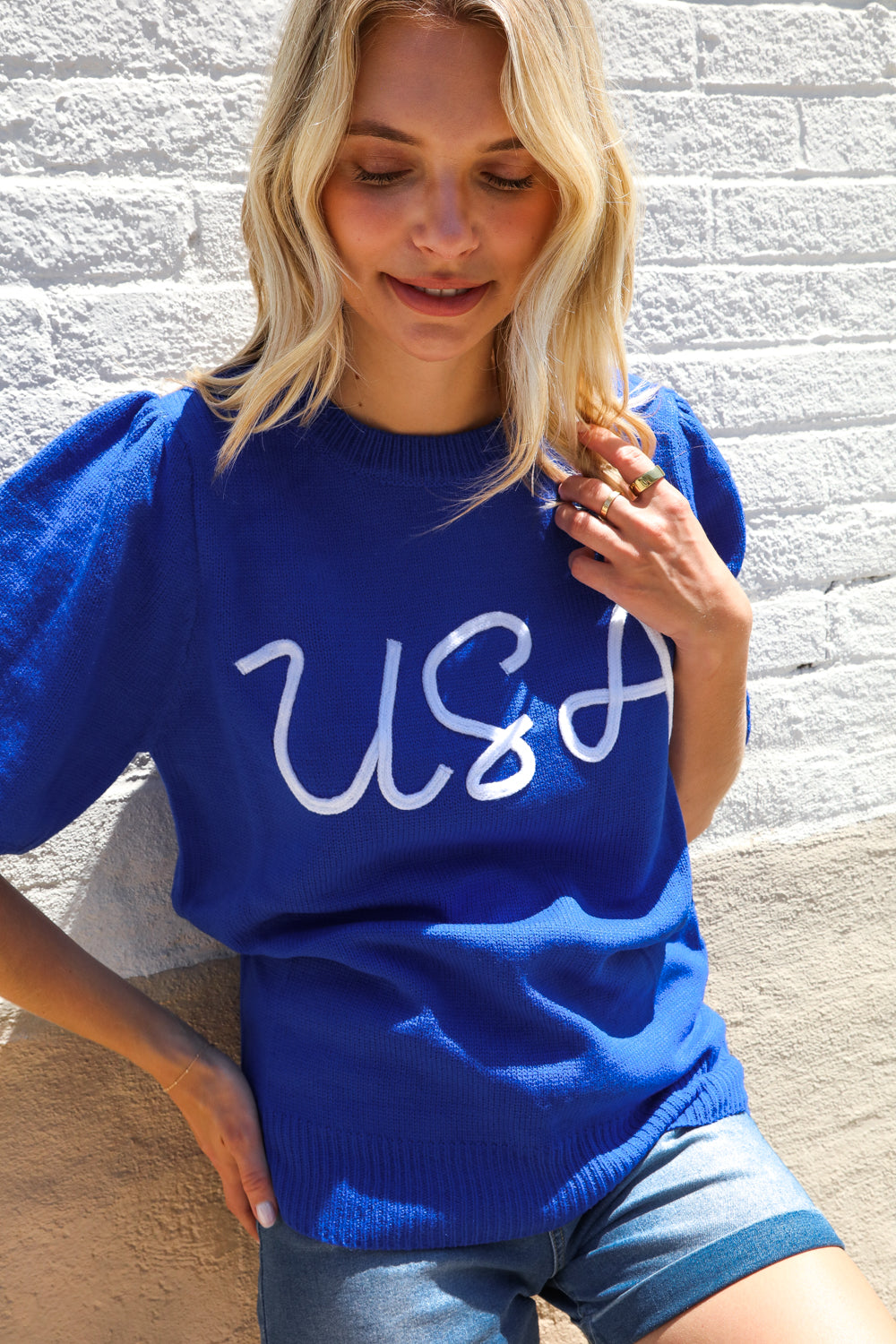 Patriotic USA Blue Knit Embroidery Puff Sleeve Sweater Top