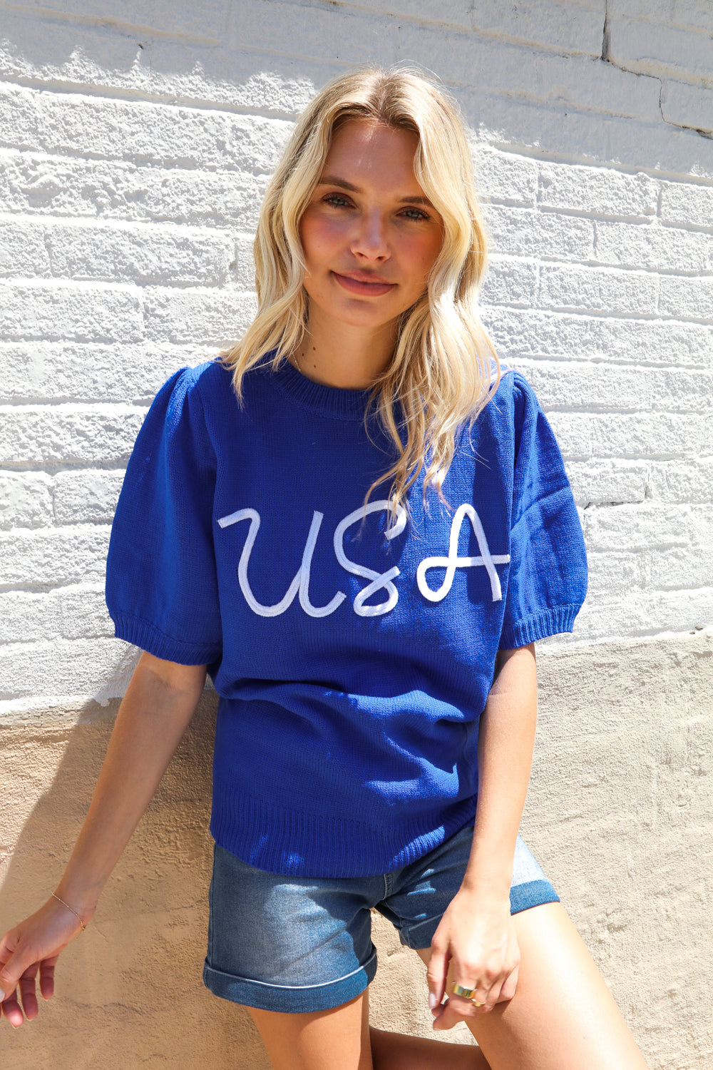 Patriotic USA Blue Knit Embroidery Puff Sleeve Sweater Top
