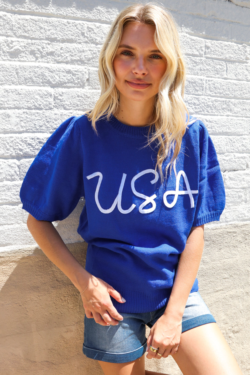Patriotic USA Blue Knit Embroidery Puff Sleeve Sweater Top