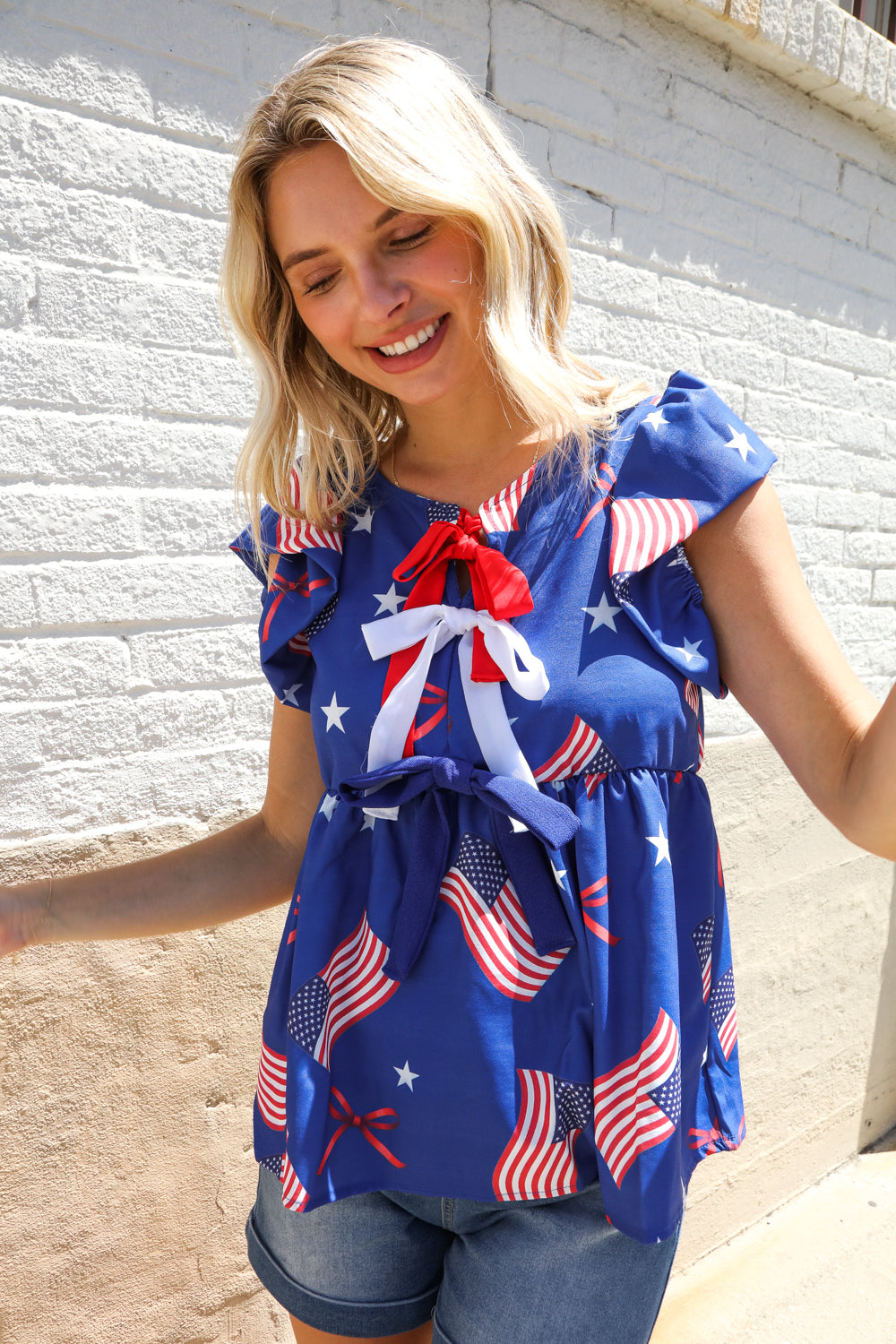 American Flag Blue & Red Stars & Bow Print Woven Top
