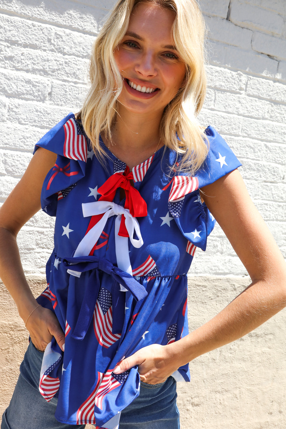 American Flag Blue & Red Stars & Bow Print Woven Top