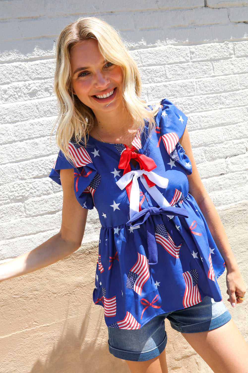 American Flag Blue & Red Stars & Bow Print Woven Top