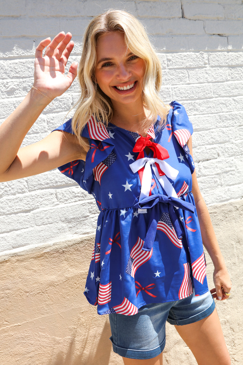 American Flag Blue & Red Stars & Bow Print Woven Top