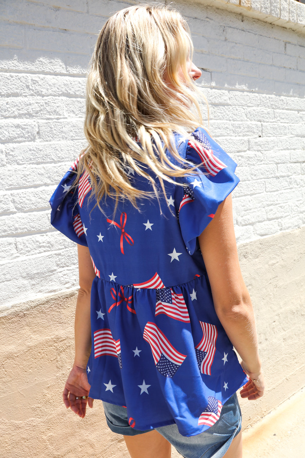 American Flag Blue & Red Stars & Bow Print Woven Top