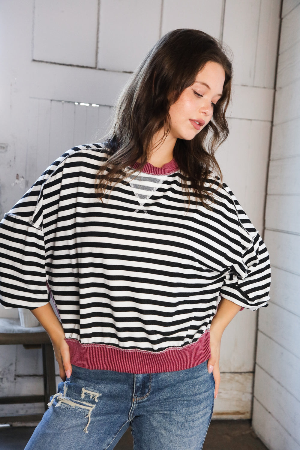 A Stripe Story Wine Crew Neck Pullover