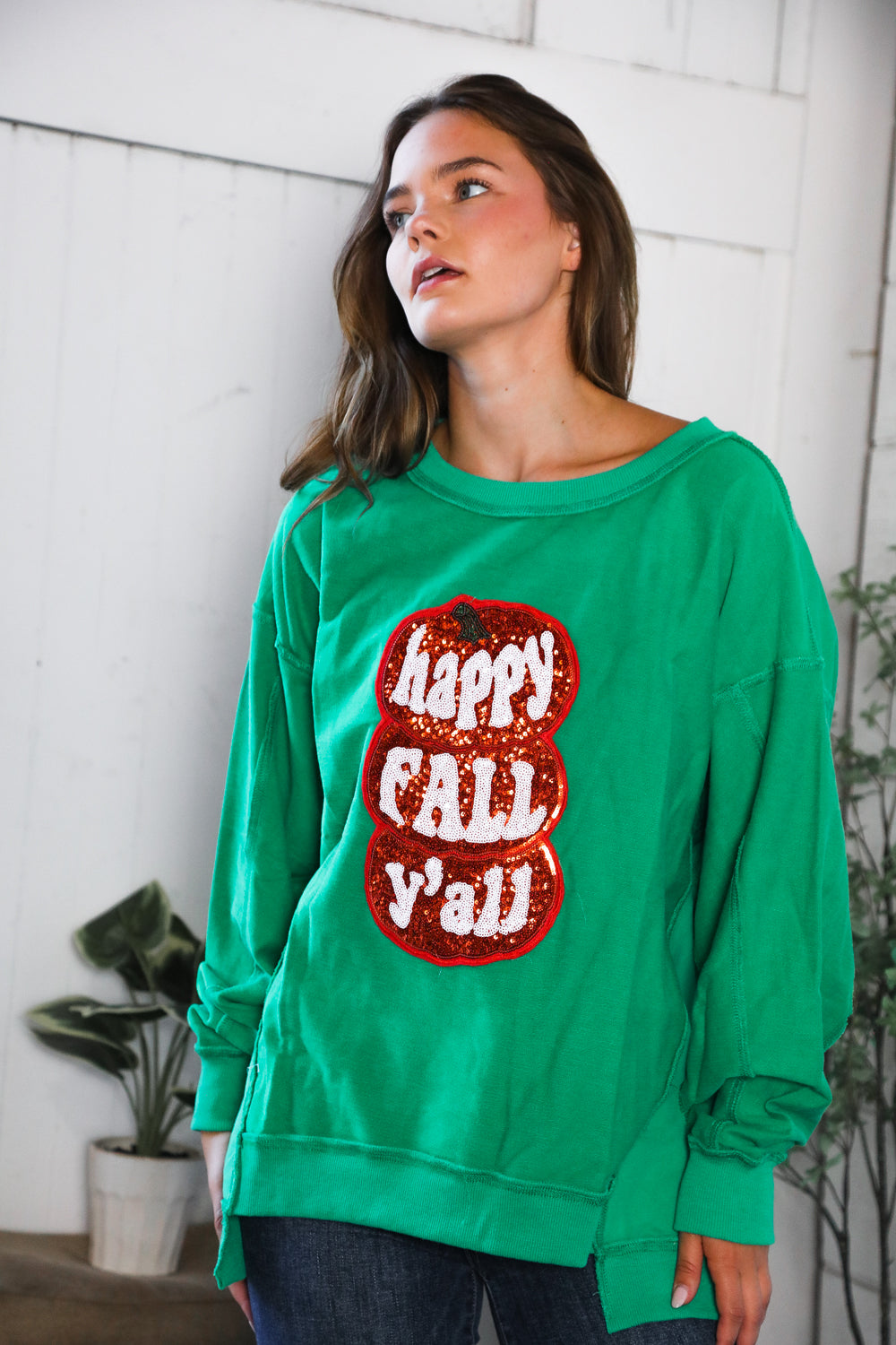 'Happy Fall Y'all' Kelly Green Sweater