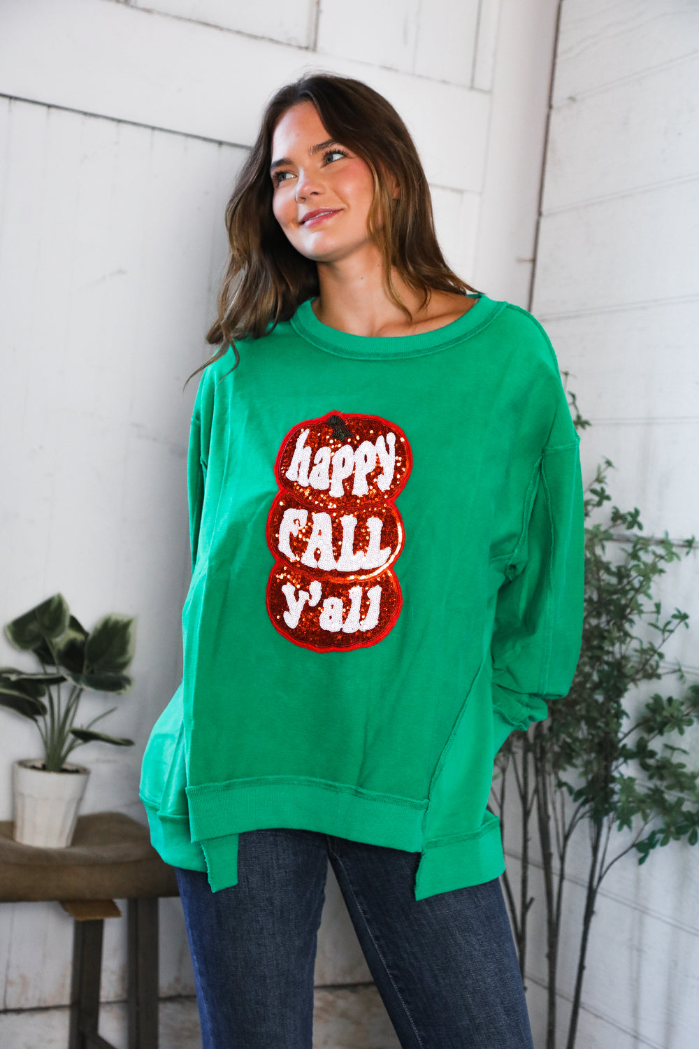 'Happy Fall Y'all' Kelly Green Sweater