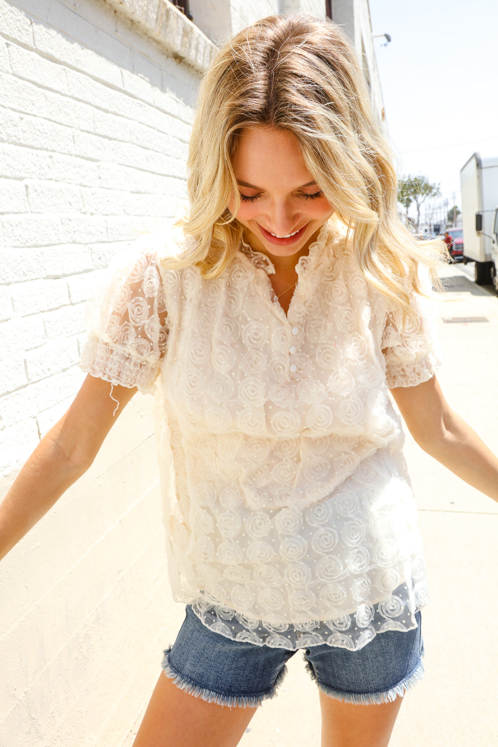 Classy Chic Ivory Swiss Dot Chiffon Button Yoke Lined Blouse