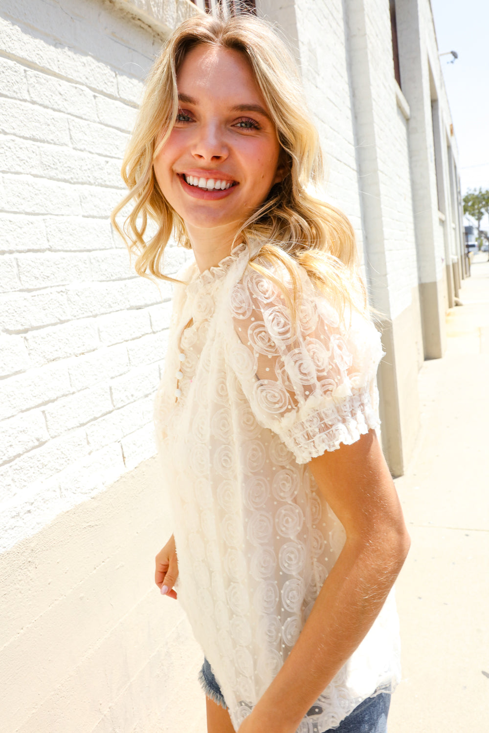 Classy Chic Ivory Swiss Dot Chiffon Button Yoke Lined Blouse
