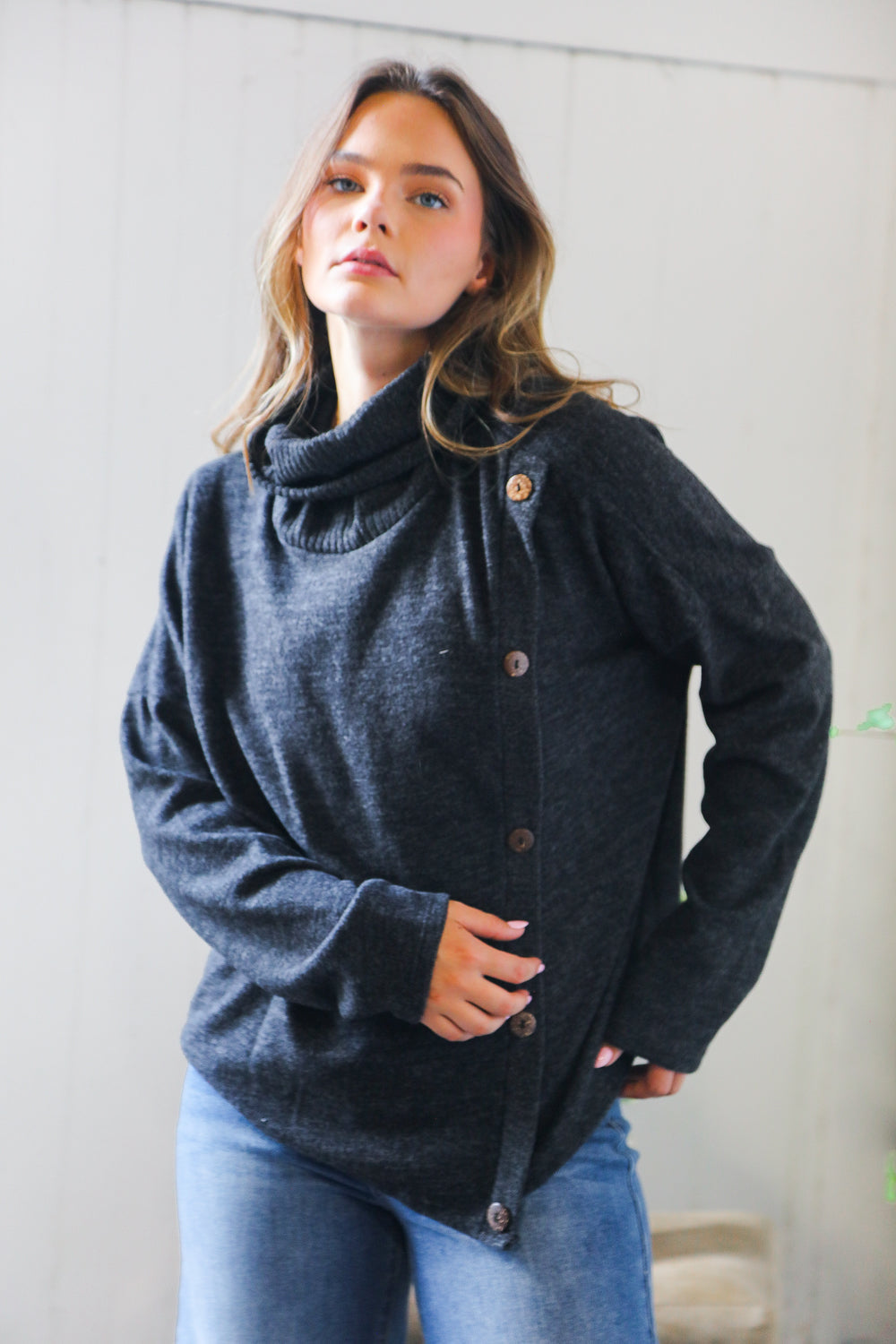 Buttoned Bliss Black Cozy Sweater