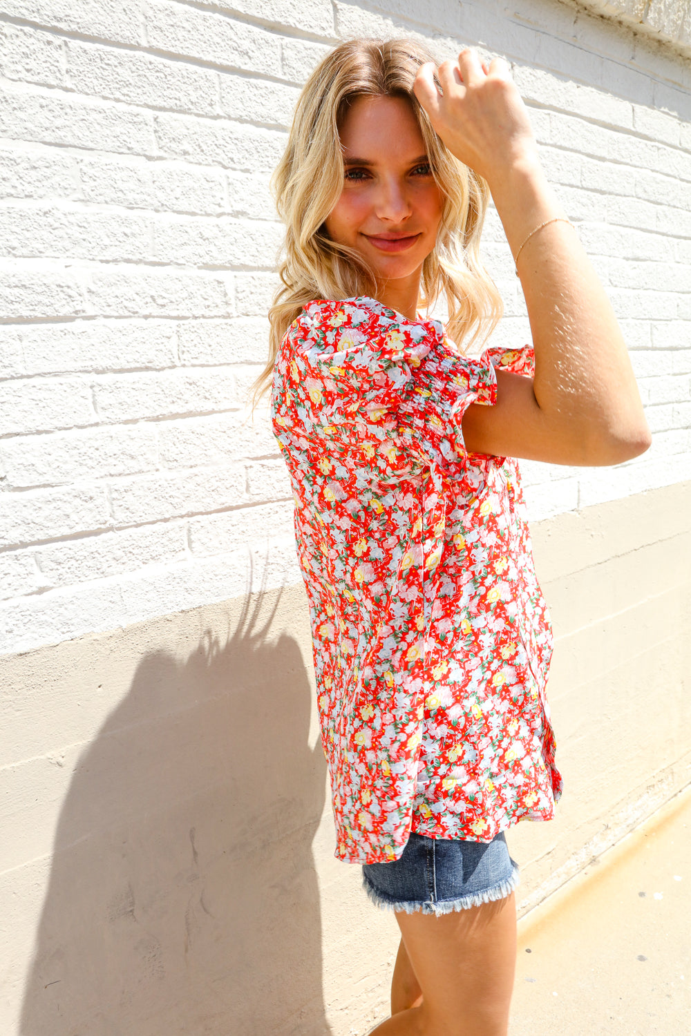 Elegant You Ruby Notched Neck Floral Smocked Sleeve Blouse