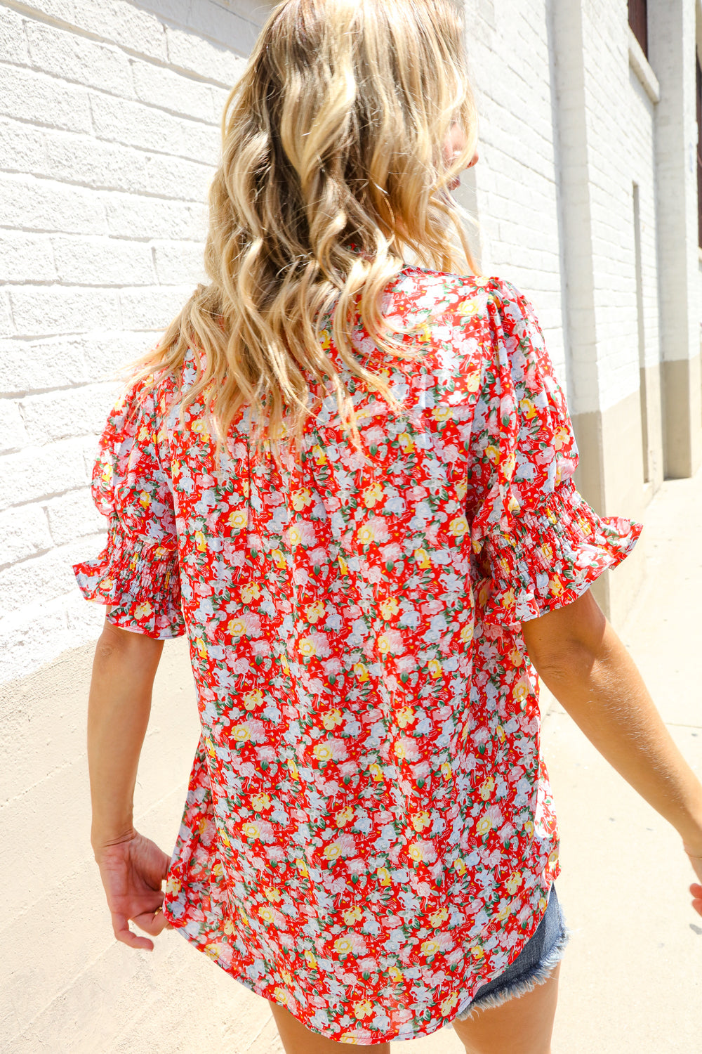 Elegant You Ruby Notched Neck Floral Smocked Sleeve Blouse