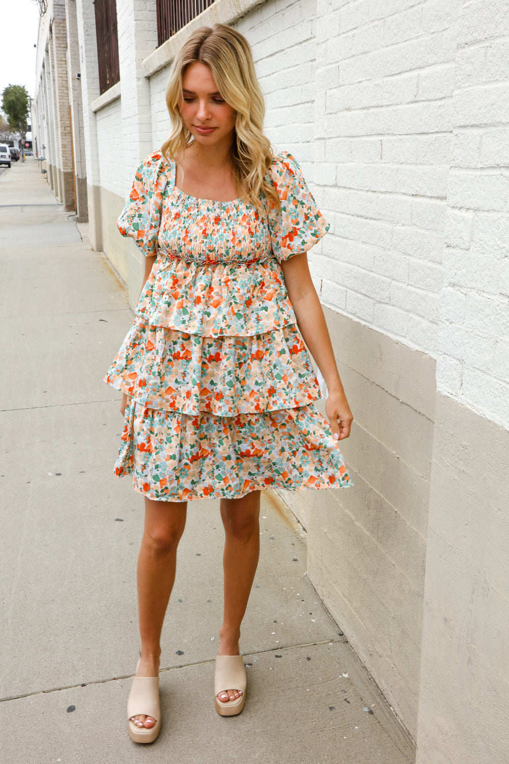 Find Love Floral Print Smocked Neck Puff Sleeve Ruffle Tiered Dress