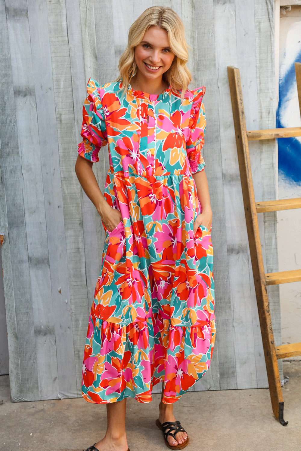 Dazzle In Orange & Aqua Floral Smocked Notched Neck Midi Dress