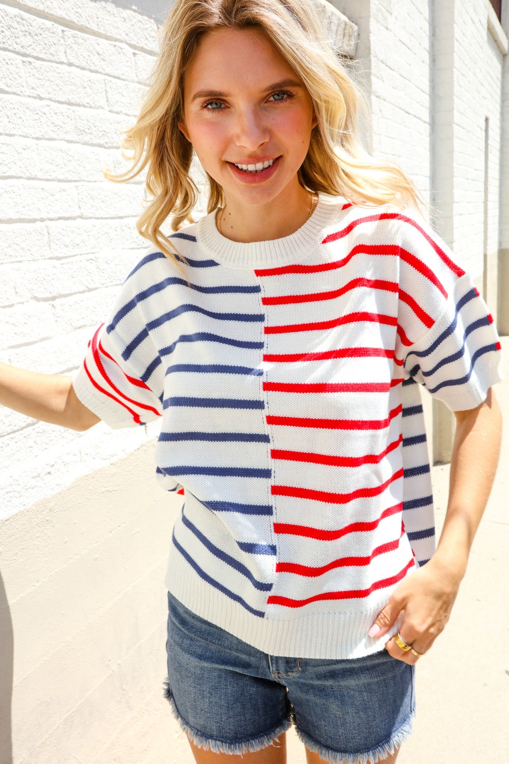 Patriotic Red & Blue Stripe Drop Shoulder Oversize Sweater Top