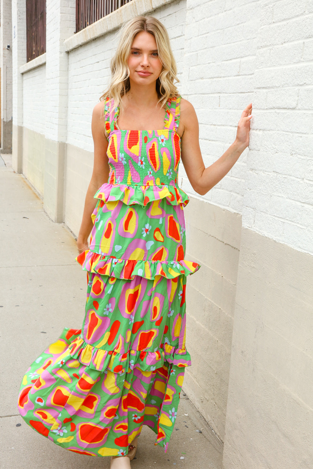 Sunny Days Abstract Print Tiered Ruffle Smocked Sleeveless Maxi