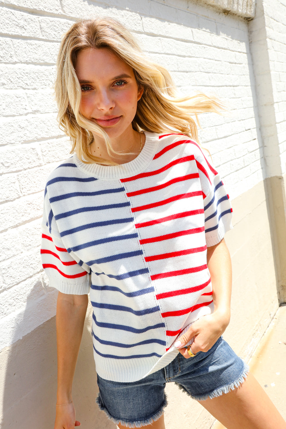 Patriotic Red & Blue Stripe Drop Shoulder Oversize Sweater Top