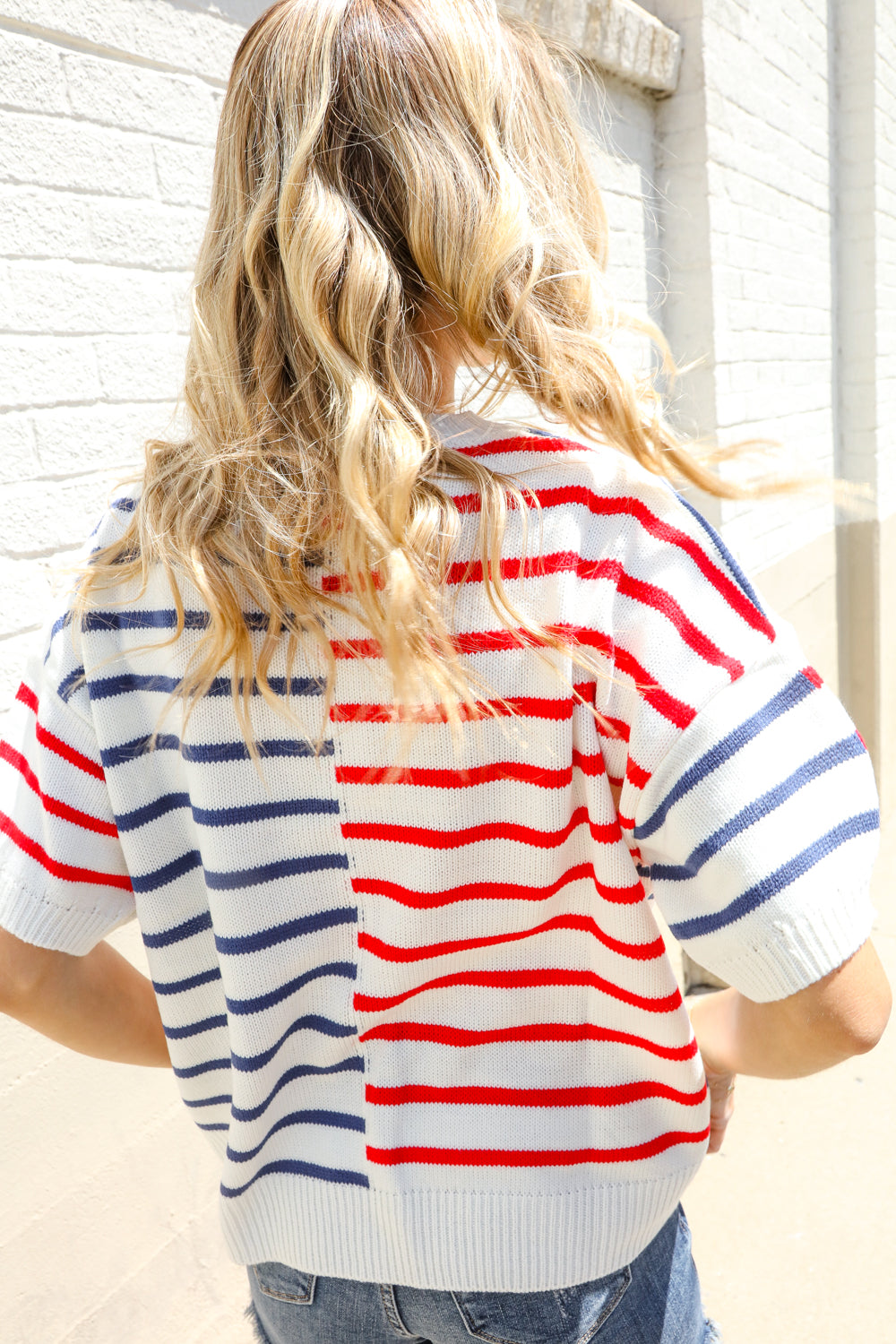 Patriotic Red & Blue Stripe Drop Shoulder Oversize Sweater Top