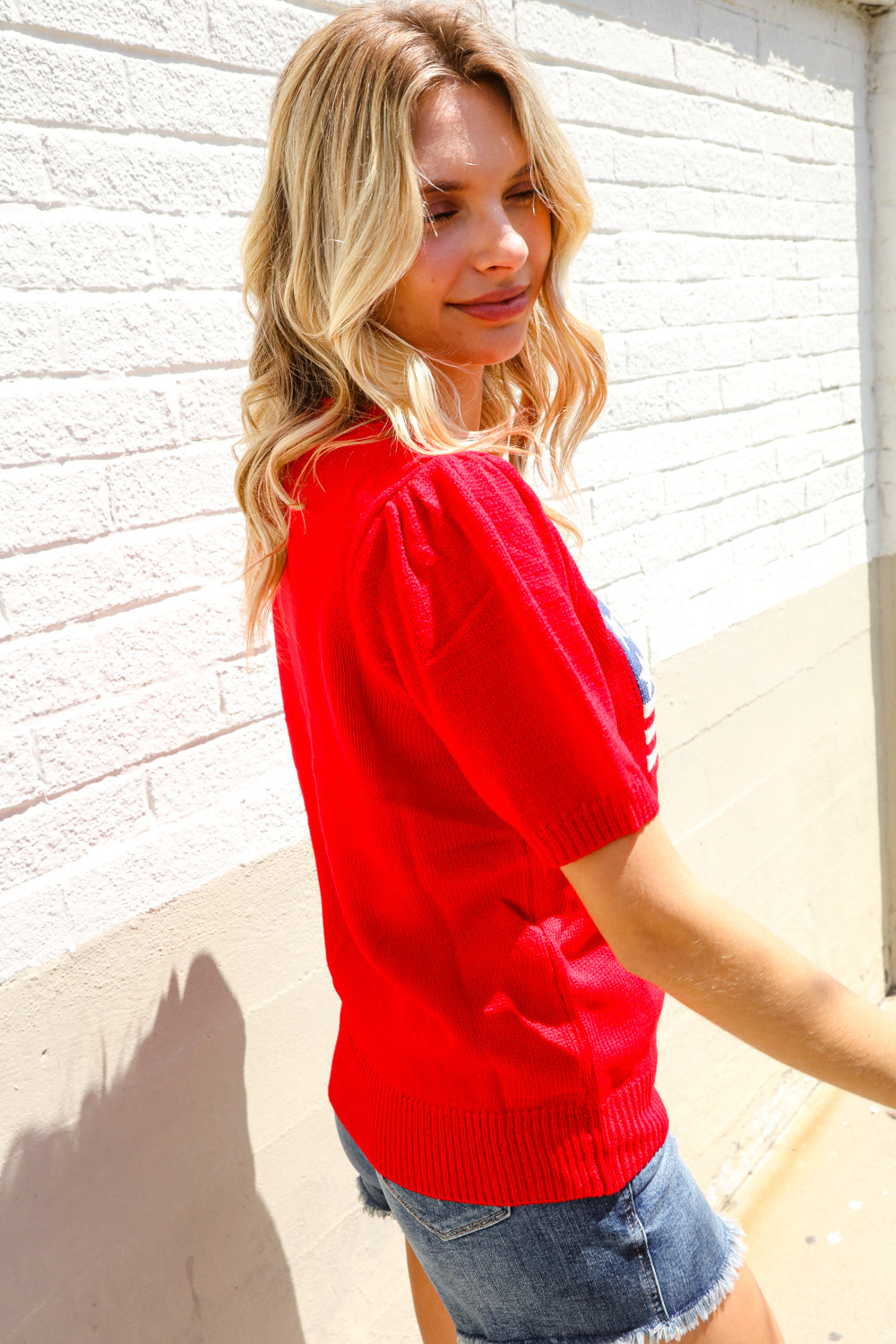 American Flag Bubble Short Sleeve Jacquard Sweater Knit Pullover