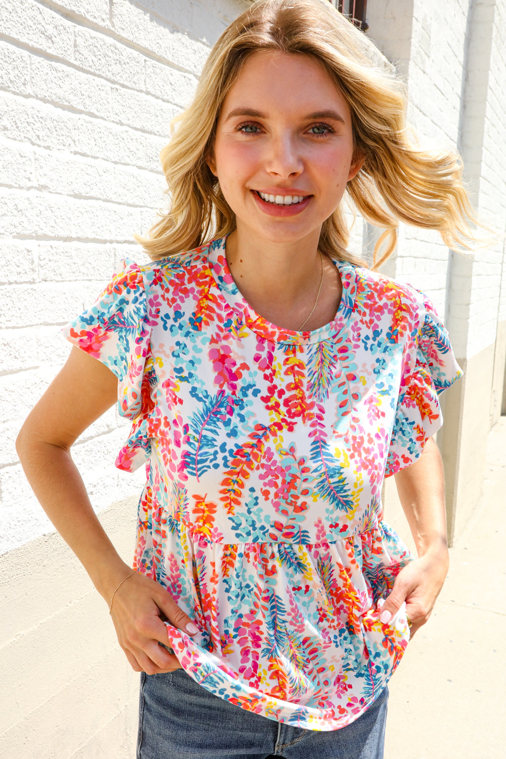 Perfect Find Ivory Floral Leaf Print Short Sleeve Babydoll Top