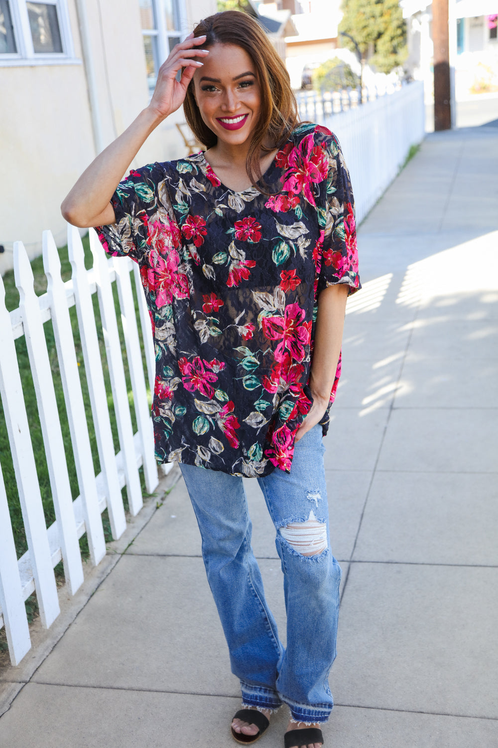 The Perfect Find Black Multicolor Floral Crochet V Neck Top