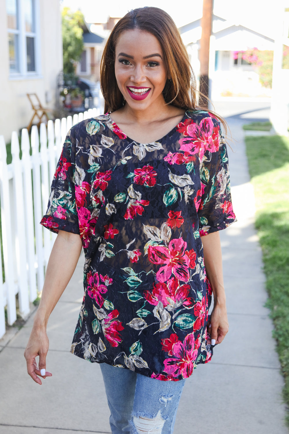 The Perfect Find Black Multicolor Floral Crochet V Neck Top