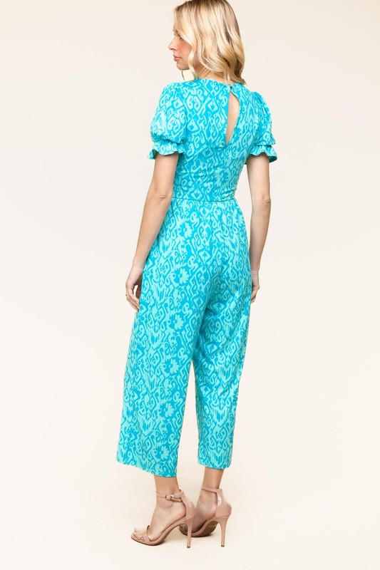 PLUS Spring Vibes Aqua Ikat Print Ruffle Sleeve Wide Leg Jumpsuit